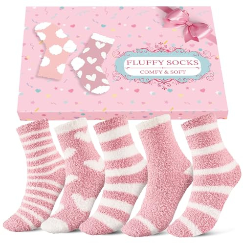 Niorasen Fluffy Socks Womens, Cosy Bed Socks for Women, Warm&Comfy Fuzzy Sock with Gift Box, Gifts for Women Ladies Girls, 5 Pairs, 3-8