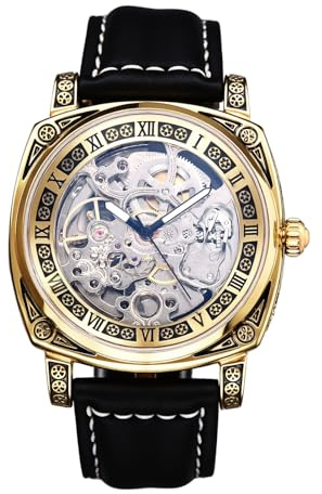JewelryWe Herrenuhr Automatik Mechanische Uhr 30m wasserdicht Analog Automatische Armbanduhr Automatikuhr Herren Schwarz Echtes Lederarmband Skelett Uhr