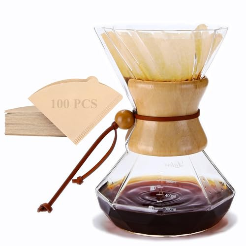 Lalord Pour-Over Coffee Maker, 550 ml Borosilicate Glass Jug with 100 Paper Filters, Wooden Ring with Leather Strap, Filter Coffee Machine (Clear, 550 ml (only paper filters))