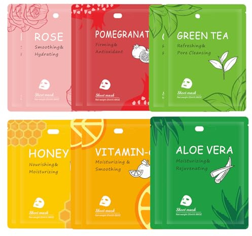 12 Pcs Face Sheet Masks Set, Hydrating Face Masks Moisturising Facial Mask for Women, Korean Sheet Masks Multipack with Fruit Face Mask Variety for Brightening & Daily Care