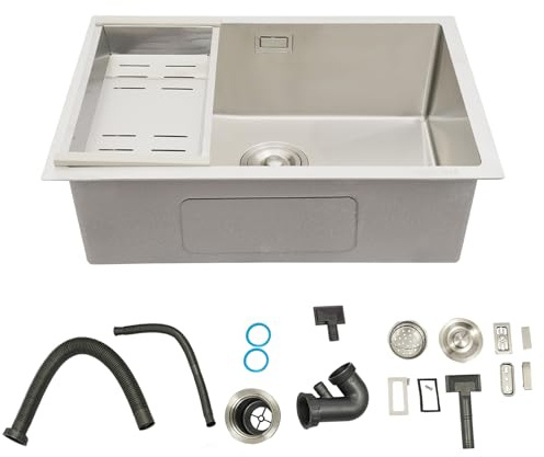 Fregadero de cocina de 60 x 44 cm, acero inoxidable 304, 1 lavabo, rectangular, empotrable, de acero inoxidable, para armarios bajos a partir de 60 cm de ancho, incluye sifón y escurridor (plata)