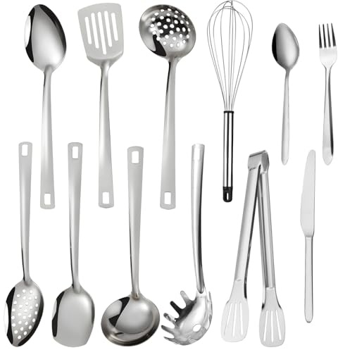 SneiDr Ustensile de Cuisine Set 12PCS Polyvalent en Inox Poli Miroir Ustensile Cuisine Inox professionnel pour Cuisiner Mélanger Servir et Manipuler Avec Louche Spatule Fouet pour Cuisine Et Maison