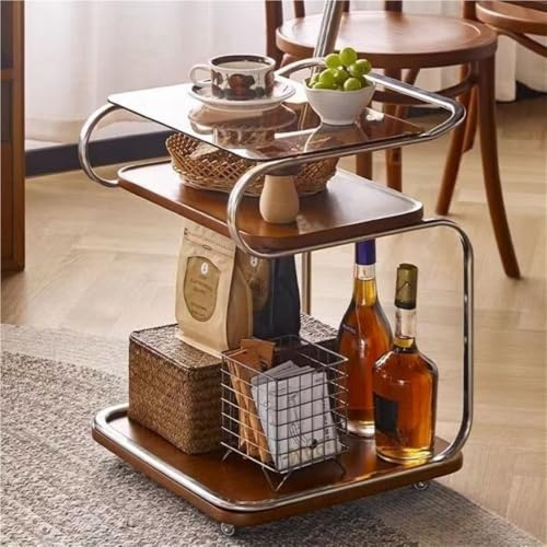 Multi-Layer Trolley with Wheels, Movable Coffee Table, Modern Bedside Table, Sofa Side Table, Dining Cart, Suitable for Living Room, Bedroom, Balcony(Brown)
