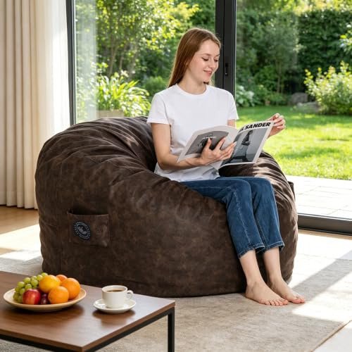 MinComfyWo 4FT Bean Bag Chair for Adults, Oversized Bean Bag Sofa, Soft Supportive Bean Bags with Durable Removable Cover for Living Room, Bedroom, Gaming Room, Kids & Teens-Cover-Leather-Brown