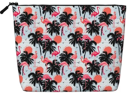 MREUSAP Pink Flamingos Palm Trees Sun Makeup Bag, Portable Fake Hemp Travel Pouch with Zipper, Toiletry Organizer and Coin Purse for Everyday Use