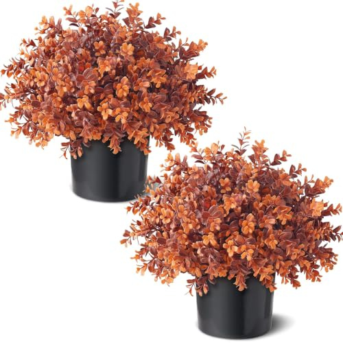 2 Pcs Soft Textured Artificial Boxwood Topiary Tree for Fall Front Porch - 16 Outdoor Faux Boxwood Potted Plant, UV Resistant Fake Shrubs for Farmhouse Thanksgiving Autumn Outside Decor (Deep Orange)