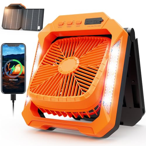 Lmozim Ventilador solar con batería, 26800 mAh, panel solar plegable desmontable, recargable por USB/solar, temporizador LED, 3 niveles, ventilador para camping, exterior, para tienda de campaña