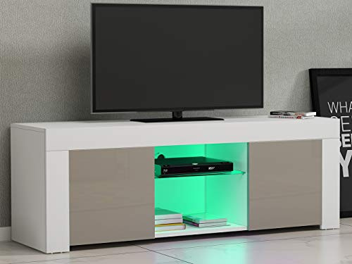 Panana Modern 2 Doors TV Unit Stand 120cm TV Cabinet Sideboard High Gloss Door and Matt Body with RGB LED Lights for Living Room (White & Grey)