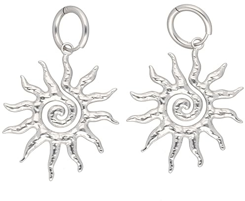 Orecchini a cerchio da donna in acciaio inox 304, colore argento, sole martellato con spirale, orecchini a cerchio pieghevoli, gioielli boho etnici, delicati sulla pelle e a basso contenuto di nichel