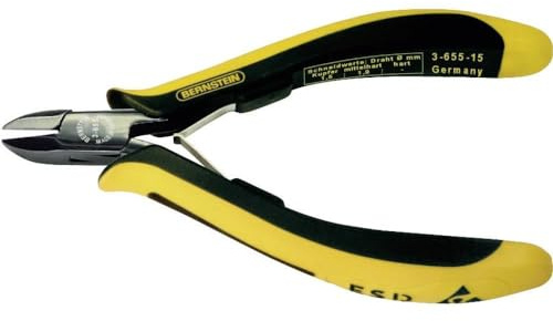 Bernstein Werkzeug Seitenschneider Euroline, 125 mm mit abgerundetem Zangenkopf ohne Wate, ableitfähige zweifarbige Handschutzhüllen, 3-655-15