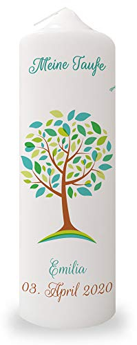GRAVURZEILE Taufkerze Lebensbaum - Kerze mit Namen, Datum & Taufspruch - Hochwertige Stumpenkerze 250/80 mm brilliant bedruckt - Personalisiertes Taufgeschenk für Mädchen & Jungen - Weiß - Grün