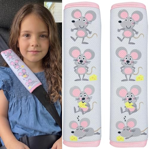 HECKBO 2x Kinder Auto Gurtpolster Gurtschutz mit Maus Motiv - Sicherheitsgurt Polster für Kinder und Babys - Ideal für jeden Gurt Autositzerhöhungen Kinder Fahrradanhänger Flugzeug
