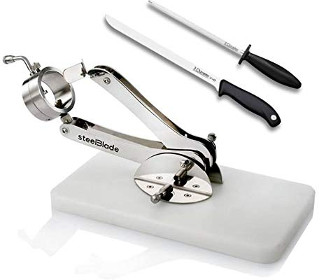 Hidalgo Jamonero Steelblade Giratorio 360º INOX y Base Polietileno Blanco + Set Cuchillo y chaira 3 Claveles