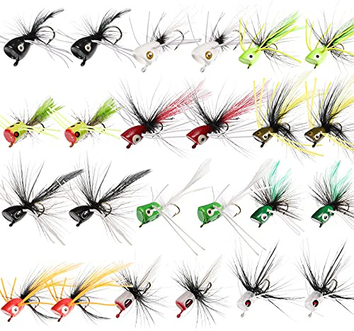 Sumind 24 Pieces Fly Fishing Popper Lures Kit Fishing Flies Accessories with Hooks for Crappie Bass Bug Sunfish Trout Salmon Wet Fish Poppers Kit