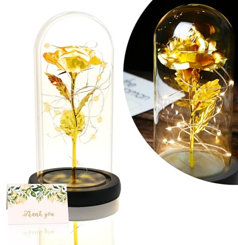 TINYOUTH Golden Rose in Glass Dome Black Wooden Base, Light Up 24K Eternal Rose Batteries Included for Wedding Anniversary Mama Valentines Christmas Birthday
