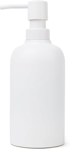 Matte White Round Soap Dispenser for Kitchen & Bathroom – 15 oz Refillable Resin Pump Bottle for Dish Soap, Hand Soap, Shampoo, Conditioner – Modern Countertop Dispenser with Non-Slip Protective Pads