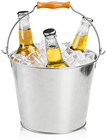 Bekith 5-Quart Galvanized Metal Buckets with Wooden Handle, Galvanized Pail Ice Bucket for Beer, Wine, Champagne, Parties, Centerpieces, 9x7 inches, Silver