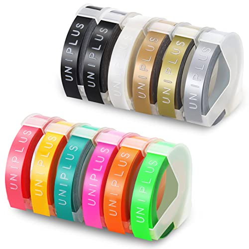 UniPlus Lot de 12 Rubans d'étiquettes Compatibles pour Rubans de Dymo Gaufrage Omega S0717930 S0717900 Ruban d'étiquettes 3D Autocollant 9 mm x 3 m pour Dymo Omega Junior Motex E-101 E-303 étiqueteuse