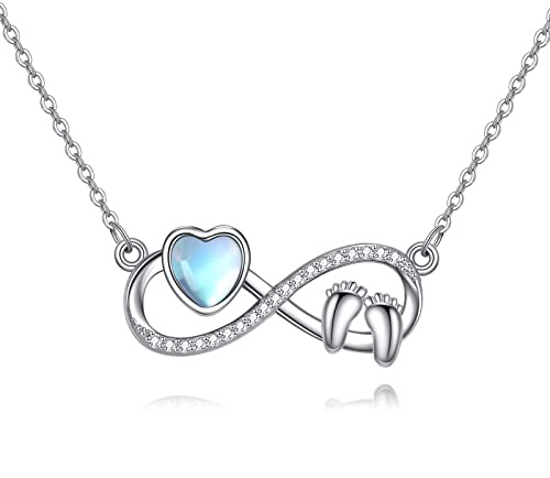 AXELUNA Collar de plata de ley con diseño de infinito de piedra lunar para mujer, collar con estampado de pies de bebé, regalo de aborto espontáneo para madre, mujer, mamá, plata de ley, circonita,