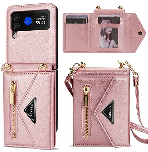 GUVAGI Handyhülle für Samsung Galaxy Z Flip 4 Hülle Case mit Band, Leder Klappbar Klapphülle Flip Case Reißverschluss Stoßfest Schutzhülle Aesthetic Mädchen Handy Hülle mit Kette (Rosa)