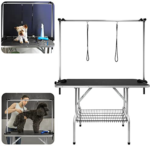 XMTECH Table de toilettage pour chien - Réglable en hauteur - Table de toilettage pour chien - Table de bain pliable pour chien et chat jusqu'à 100 kg - 113 x 60 x 174 cm