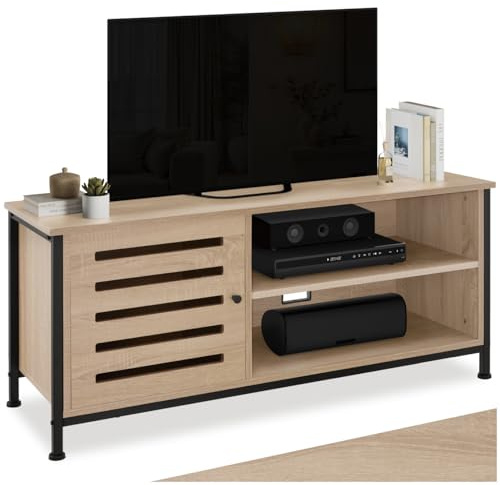 tectake® Mueble TV con Estilo Industrial, Mueble TV Salon con 2 Compartimentos Abiertos, Aparador con Puerta Magnética, Muebles de Salon - 110 x 41,5 x 50,5 cm Madera Industrial Clara, Roble Sonoma