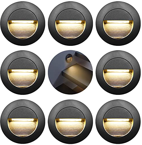 FWoche 3W Stair Lights Wall Recessed Lamp Warm White, Round Staircase Light, LED Step Night, Aluminium Waterproof Wall Lighting Indoor/Outdoor, Garden Lighting Deck Balcony Black, 8pcs