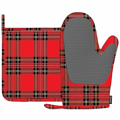Mxocom Ofenhandschuhe und Topflappen, traditionelles schottisches Karomuster in klassischen Farben, Silikon, hitzebeständig, Topflappen zum Kochen, Rot