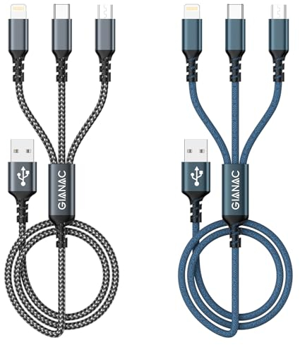 GIANAC Multi Cavo di Ricarica, 2pack [1.2M] 3 in 1 Multiplo Cavetto con Micro USB Tipo C Lightning interfaccia Cavo USB di Ricarica USB per Google Pixel, Samsung alaxy,iPhone,Huawei,Honor