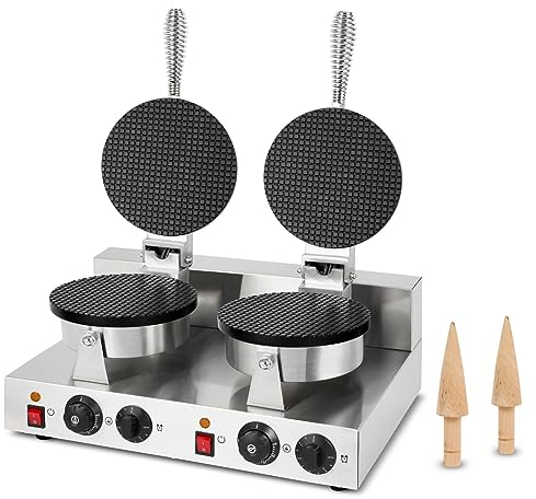 VERTES gofrera doble, gofrera cónica para helados, 48 piezas por hora, cónica, ajustable 0-300°C, temporizador, cónica de hierro fundido carcasa de acero inoxidable, gofrera cónica 2000 W