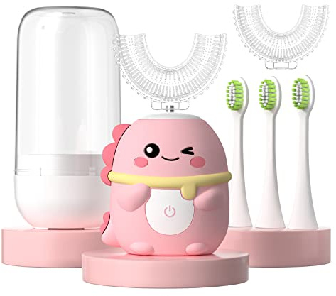 JIANLEJIA Spazzolino elettrico per bambini a forma di U per bambini, con 5 testine, spazzolino da denti a ultrasuoni con dinosauro in stile cartone animato, per bambini da 2 a 12 anni, pulizia