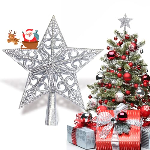 Weihnachtsbaumspitze Stern Vintage Leicht Klassisch Kunststoff Ausgehöhlt Weihnachts Dekoration Stern, Ideale Christbaumspitze Dekoration Ornament Silber