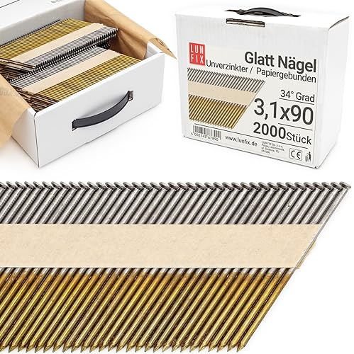 LUN FIX Clous Charpente 2000 pcs, Tête D, 3,1x90 mm, Non Galvanisé | 34°, Tige Lisse, en Bande Papier, Pour Pistolet À Clous, Cloueuse Pneumatique, Clou Pour Cloueur, Pointe