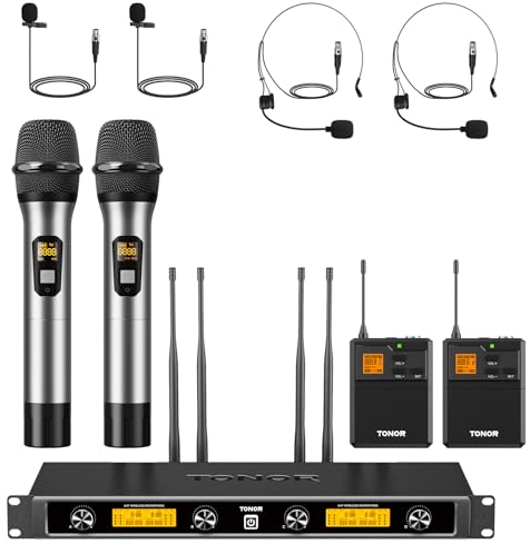 TONOR 4-Kanal UHF Mikrofon Kabellos Set mit Handmikrofon/Bodypack Transmitter/Headset Funkmikrofon/Lavalier Ansteckmikrofonen, 4x5 Frequenzen 90m Reichweite Wireless Microphone für Gesang, Karaoke