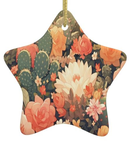 Adornos de Navidad de flores coloridas de cactus, decoraciones de Navidad, adornos colgantes de árbol de Navidad, regalo de recuerdo festivo de cerámica en forma de estrella para decoraciones de