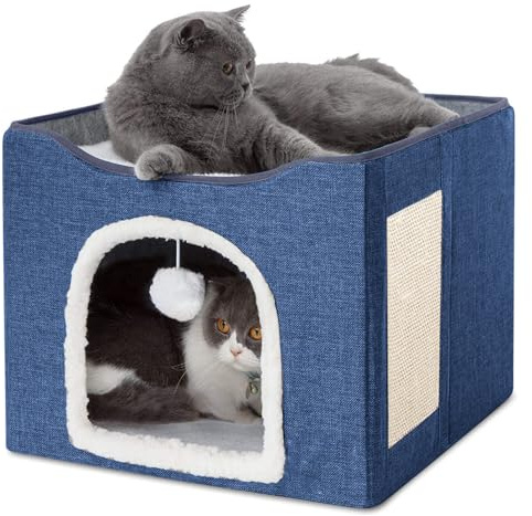 PETCUTE Faltbare Katzenhöhle Große Katzen,Katzenhaus mit Kratzbrett und Flauschige Kugel,Waschbar Kuschelhöhle Katze katzenhöhle mit Abnehmbaren Kissen,rutschfeste Unterseite,Katzenbett für 2 Katzen
