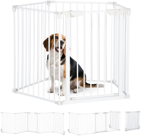 PawHut Barrera para Perros Plegable de 5 Paneles 300x74,5 cm Blanco | Valla para Mascotas, con Cierre Automático, Barrera de Seguridad para Escalera Pasillo