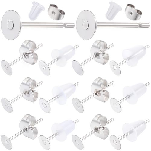 SUNNYCLUE 1 Box 900 Stück 4 mm 304 Edelstahl Ohrstecker Flache Ohrstecker Cabochon Fassungen Runde Leere Rückseiten Silberne Earring Beschläge Zur Schmuckherstellung Ohrringzubehör Handgefertigt Fü