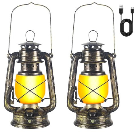 Lanterne Extérieure, 2 Pièces Lanterne Vintage Rechargeable, Lanterne LED Exterieur, Réaliste Effet Flamme, Rétro Lampe Camping, Lanterne LED D'extérieur pour Maison, Jardin, Terrasse, Porche
