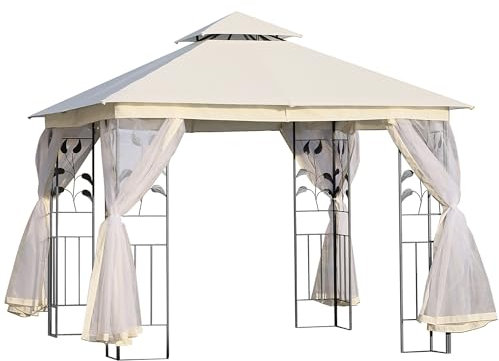 Outsunny Gazebo da Esterno o Giardino 3x3m con Zanzariera, Telaio in Acciaio e Doppio Tettuccio, Bianco