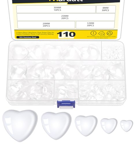Mardatt 110Pcs 5 Sizes Heart Clear Glass Cabochons, Flat Back Transparent Glass Dome Cabochons Tiles for Jewelry Making Photo Pendant Craft