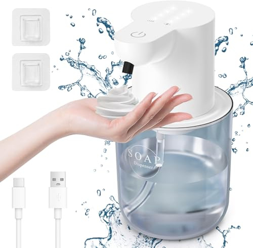 Cuteefun Automatisch Schaum Seifenspender, 400ml Elektrischer Seifenspender mit Sensor, Anzeige des Batteriestands, 4-Stufig Einstellbares Flüssigkeitsvolumen, Wandmontage für Bad, Küche, Weiß