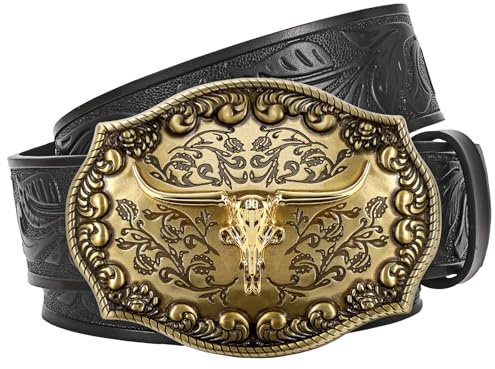 JasGood Western Leder Gürtel für Herren und Damen mit Longhorn-Schnalle - Cowboy/Cowgirl Floral Gravierte Geprägte Vintage Unisex für Jeans