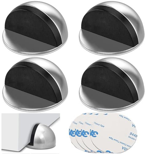 Jidyllic Self Adhesive Floor Door Stoppers,4 Pcs Stainless Steel Oval Adhesive Door Stop Floor Mounted Doorstop Door Stopper Floo Half Moon Doorstop for Office Home Use(Silver)