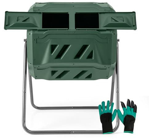 RELAX4LIFE 160L Composteur de Jardin Rotatif 360°en Métal PP sans BPA, Bac à Compost avec 2 Portes Coulissantes Gants,Double Chambre 80L pour Compostage des Déchets de Jardin Patio Extérieur (Vert)