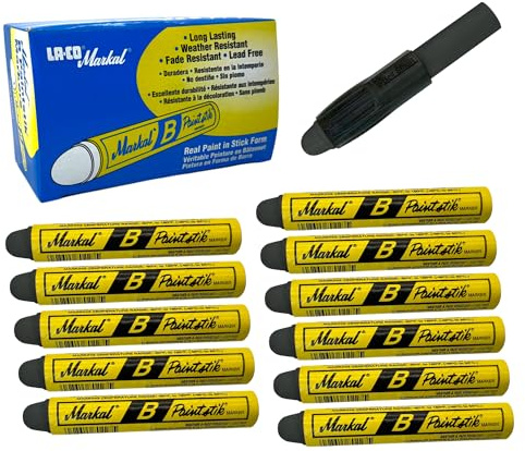 Genuine Markal 12-Pack Paintstik B Paint Markers - Permanent, Waterproof, UV Resistant for Metal, Wood, Tires - Made in USA - For Oily, Icy, Wet, Dry & Cold Surfaces w/Bonus Magnetic Grip (Black)