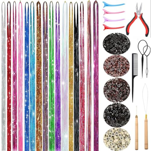 Haar-Lametta-Set, 16 Farben, 3200 Strähnen, glitzerndes Lametta-Haar-Extensions mit Werkzeug, hitzebeständiges Insel-Set für Damen, Mädchen, Cosplay, Party, Festival, Haarschmuck (120cm)