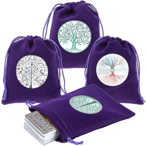 CREATCABIN 4 Bolsa para Cartas de Tarot, con Cordón, de Terciopelo, para Guardar Barajas de Tarot, con Diseño de Árbol de la Vida Morado, para Envolver Joyas de Tarot, Cristales, Dados, Brujería, 5x6