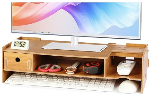 Tonsmile Wood Monitor Stand, Wooden Office Desk Desktop Storage Organiser Computer Screen Monitor Riser with Drawer (W480 x D200 x H120mm)