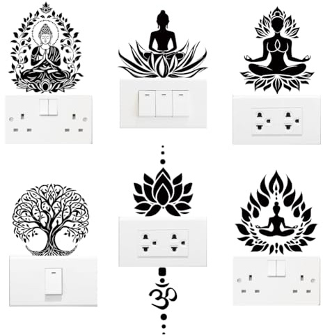 AHANDMAKER 6 calcomanías para placa de interruptor de luz, diseño espiritual consciente, calcomanías de interruptor de flores de loto para interruptor de luz, tomas de pared, dormitorio, sala de estar